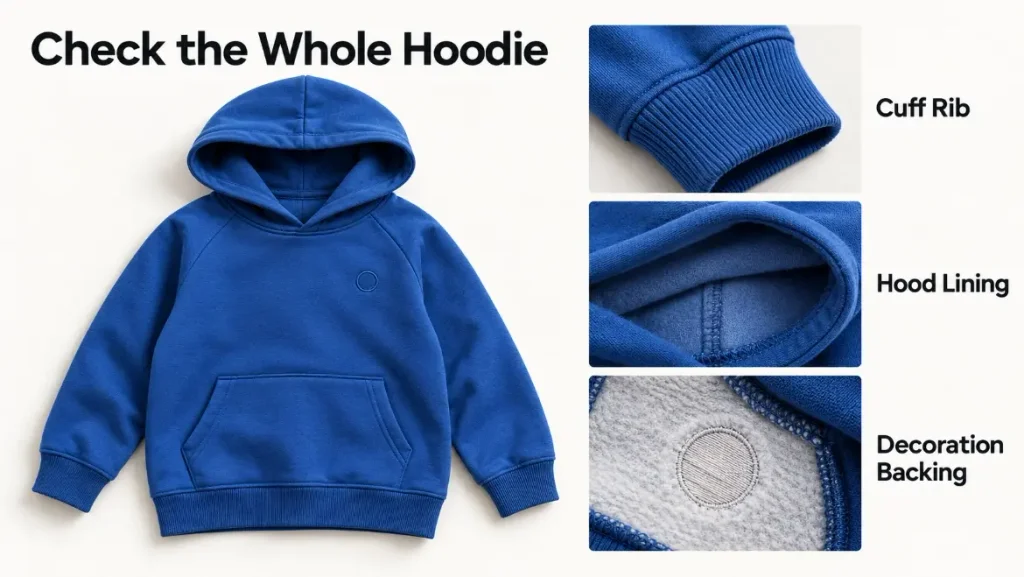 Children’s hoodie with close-up views of cuff ribbing, hood lining, and decoration backing.