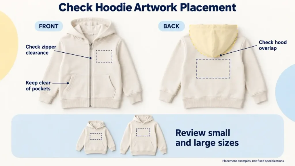 Kids’ hoodie artwork placement diagram showing zipper and pocket clearance, hood overlap, and size comparisons.