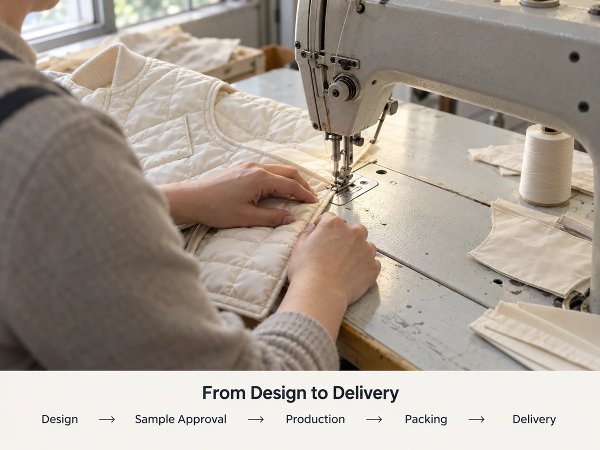 Quilted children’s jacket being sewn, with a guide to design, sample approval, production, packing, and delivery.