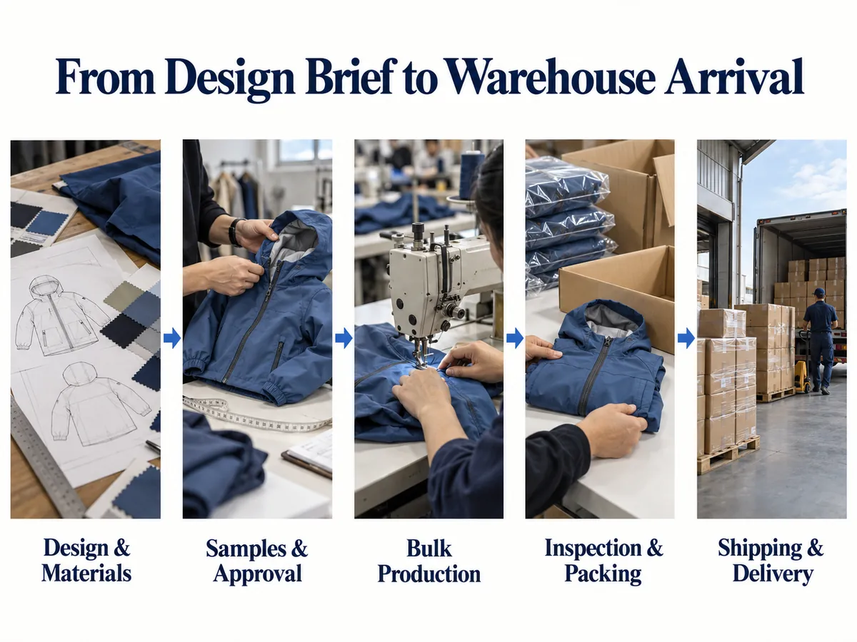 Kids’ jacket manufacturing stages from design and sample approval through production, inspection, packing, and delivery.