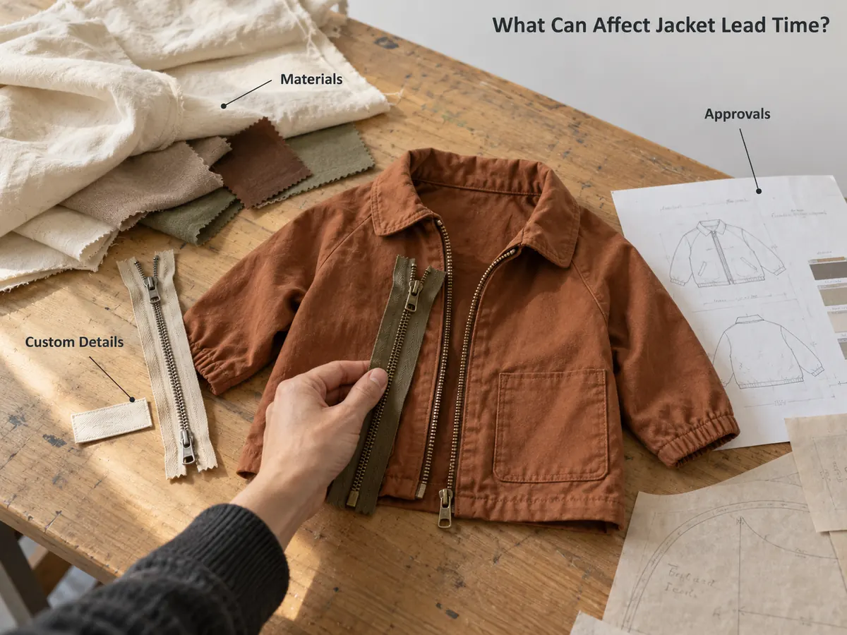 Jacket sample with fabric, zipper options, and specification notes showing material, customization, and approval considerations.