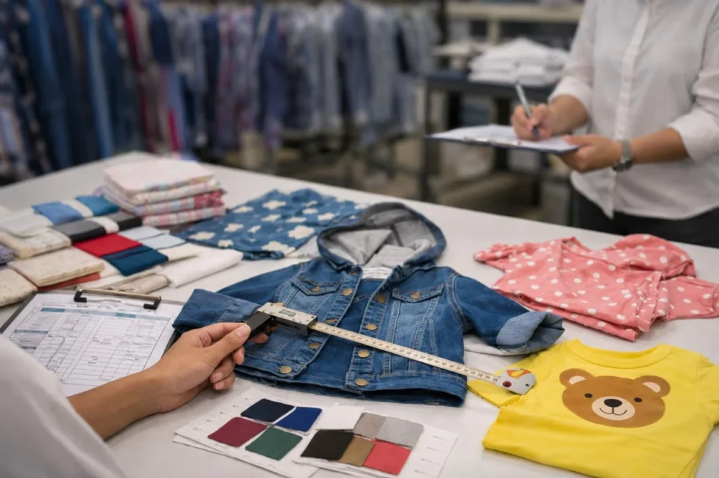 Jaqueta jeans infantil sobre uma mesa de amostras com fita métrica, amostras de tecido e anotações de inspeção.