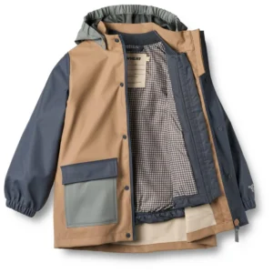 Open color-block kids jacket showing a checked lining, hood, zipper, and snap closure.