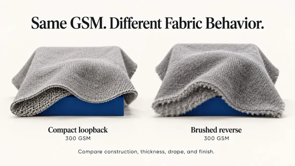 Two hypothetical 300 GSM hoodie fabrics with different constructions and surface finishes.